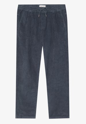 Marine corduroy broek met een elastische taille en koord; heeft zijzakken en een verticale ribstructuur. Rechte pijpdesign.