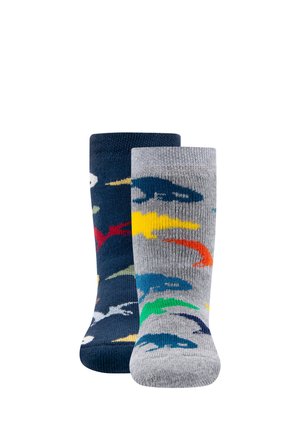 Two pairs of children's socks, one gray and one navy blue, each patterned with colorful dinosaur silhouettes.