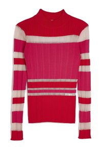 Czerwony sweter z prążkowanej dzianiny z kołnierzem typu mock neck, zdobiony poziomymi paskami w kolorze różowym i kremowym oraz przezroczystymi panelami na rękawach. Całość o teksturowanym wykończeniu.