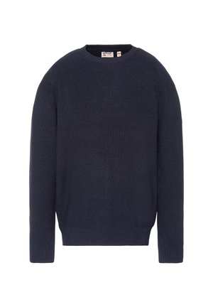 Pull bleu marine en maille avec col rond, manches longues et poignets et bord côte, présenté sur fond blanc.