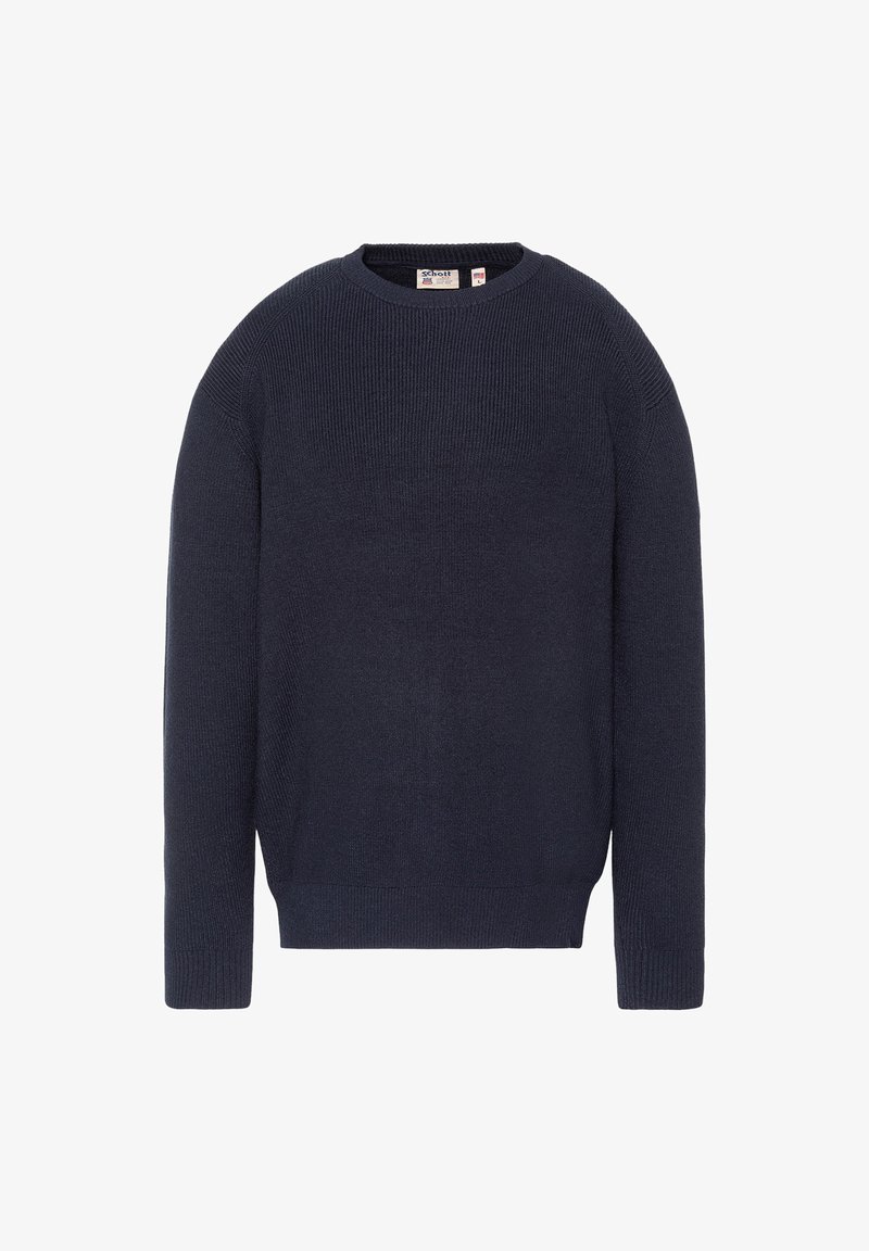 Pull bleu marine en maille avec col rond, manches longues et poignets et bord côte, présenté sur fond blanc.