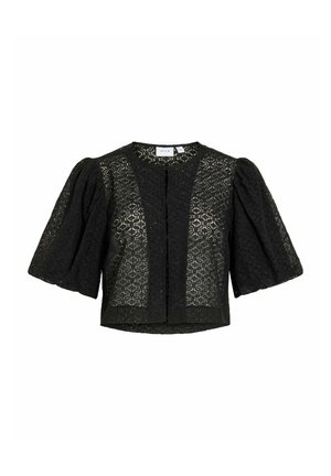 Musta pitsinen lyhyt paita, jossa liehukevät hihat ja pyöreä pääntie, kukkakuvio ja edessä hakaskiinnitys.