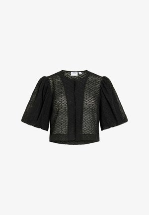 Schwarze Spitzen-Cropped-Bluse mit Puffärmeln und rundem Ausschnitt, mit floralem Muster und vorderem Haken- und Ösenverschluss.