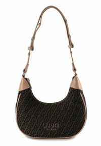 Braune Schultertasche mit Muster, beigem Lederbesatz und verstellbarem Riemen, mit Reißverschluss und geprägtem Markenlogo.