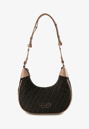 Bruine schoudertas met patroon, beige leren rand en verstelbare riem, voorzien van een ritssluiting en een geperst merklogo.