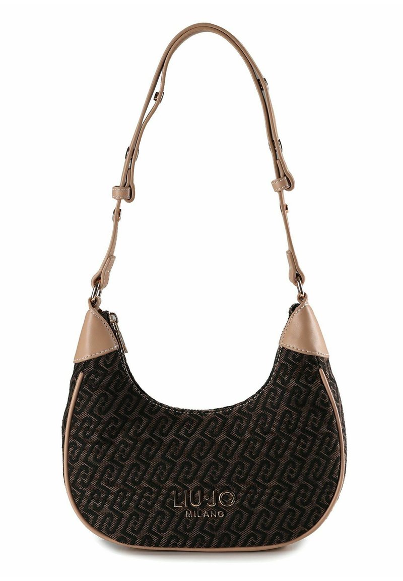 Braune Schultertasche mit Muster, beigem Lederbesatz und verstellbarem Riemen, mit Reißverschluss und geprägtem Markenlogo.