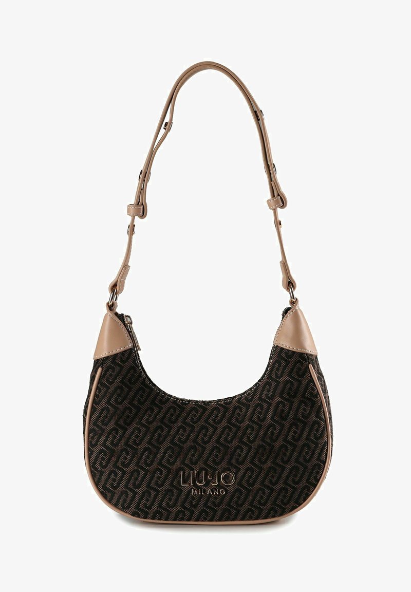 Braune Schultertasche mit Muster, beigem Lederbesatz und verstellbarem Riemen, mit Reißverschluss und geprägtem Markenlogo.