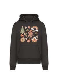 Hoodie noir avec un design coloré sur le thème de Noël représentant un sapin, un bonhomme en pain d'épice, des cannes en sucre et des accents floraux. Tissu doux, poche avant.