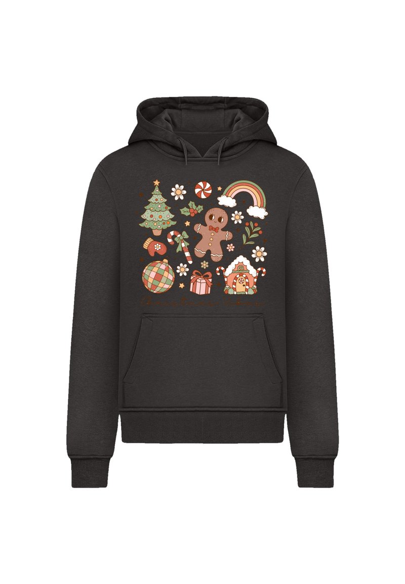 Hoodie noir avec un design coloré sur le thème de Noël représentant un sapin, un bonhomme en pain d'épice, des cannes en sucre et des accents floraux. Tissu doux, poche avant.