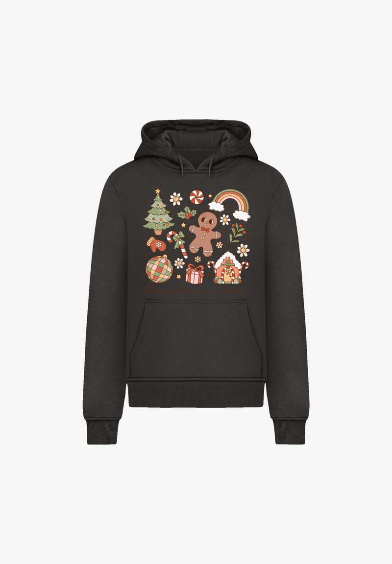 Zwarte hoodie met een kleurrijk kerstthema ontwerp, inclusief een boom, een peperkoekenman, zuurstokken en bloemenaccenten. Zacht stof, voorzak.