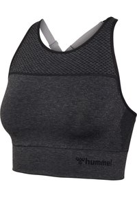 Brassière de sport gris foncé avec panneau supérieur en mesh, bretelles réglables et logo "hummel" sur la bande inférieure.