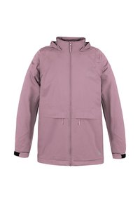 Helle rosa wasserdichte Jacke mit hohem Kragen, Reißverschluss vorne, zwei großen seitlichen Taschen und verstellbaren Kordeln in der Taille.