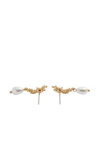 Gold-tone earrings feature a textured floral design with a white pearl drop. The earrings have a post-back closure for secure wear.