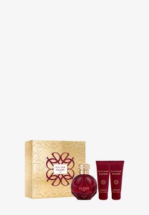 Roter Glasparfümflakon mit floralem Design und goldenem Deckel. Enthält zwei rote Röhrchen und eine aufwendige goldene Box mit floralem Muster.