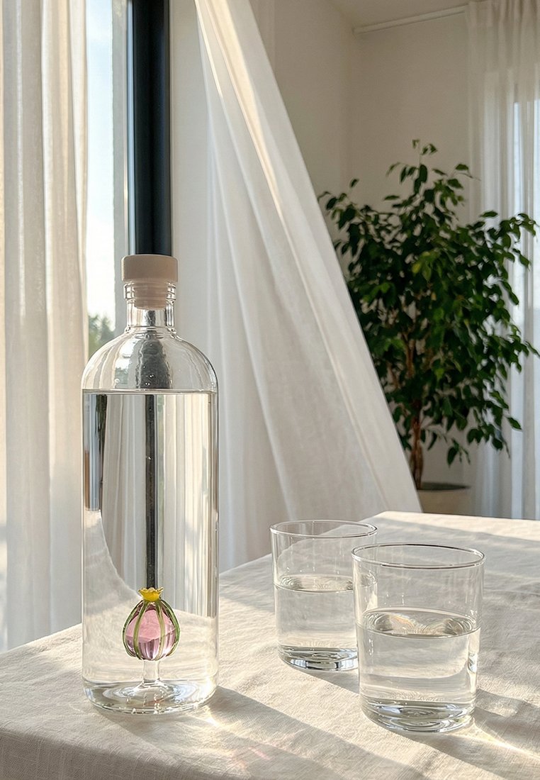 Przezroczysta szklana butelka wypełniona wodą z dekoracyjną kulą w środku, z dwoma szklankami wody na stole przy oświetlonych słońcem przezroczystych zasłonach i roślinie.