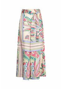 Jupe maxi à motifs avec une large ceinture élastique. Conçue en tissu léger avec des motifs floraux et géométriques colorés.
