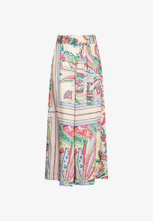 Gonna maxi stampata con una ampia vita elastica. Realizzata in tessuto leggero con designs floreali e geometrici colorati.