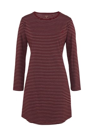 Maronfarbenes Langarmkleid mit schmalen weißen Streifen, rundem Ausschnitt und einem kleinen bestickten Detail auf der Brust. Weicher Stoff, lockere Passform.
