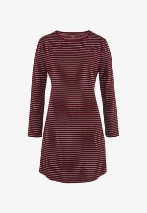 Robe longue bordeaux à manches longues avec de fines rayures blanches, col rond et un petit détail brodé sur la poitrine. Tissu doux, coupe décontractée.