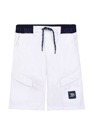White cargo shorts with navy drawstring and elastic waistband, side pockets, and branded patch on left leg.