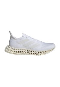 White athletic shoe with a textured upper, three striped accents, and a distinctive lattice-style midsole.