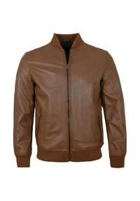 Braune Leder-Bomberjacke mit gerippten Bündchen und Kragen, ausgestattet mit einem Frontreißverschluss und zwei Seitentaschen. Glatte Textur, schlanker Schnitt.