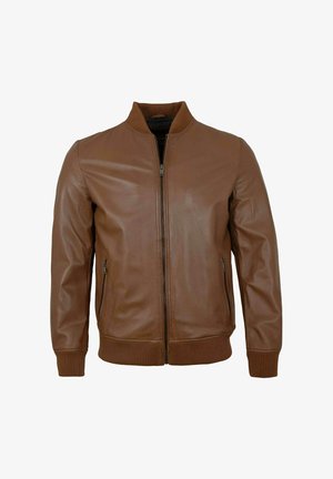 Braune Leder-Bomberjacke mit gerippten Bündchen und Kragen, ausgestattet mit einem Frontreißverschluss und zwei Seitentaschen. Glatte Textur, schlanker Schnitt.