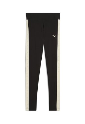 Čierne legíny so širokým pásom; majú krémové bočné panely s logom Puma a opakovaným vzorom značky pozdĺž okrajov.