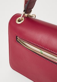 Borsa a tracolla rossa in pelle con hardware dorato, dotata di una tasca con zip e di una fodera beige a contrasto. Texture liscia e forma rettangolare.