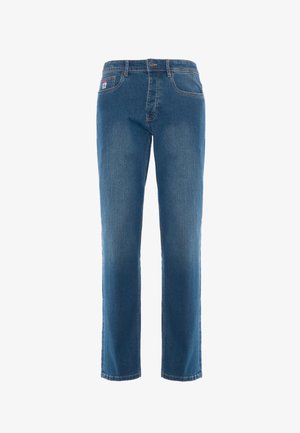 Jeans in denim blu con un taglio dritto, dotati di chiusura frontale con bottone, cinque tasche e dettagli di cucitura a contrasto.