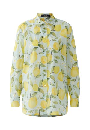 Langärmliges Hemd zum Knöpfen mit gelbem Zitronen- und grünem Blattmuster auf hellblauem Hintergrund.