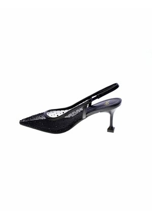 Scarpa nera a rete con tacco alto, punta appuntita e piccole perline decorative sulla tomaia.