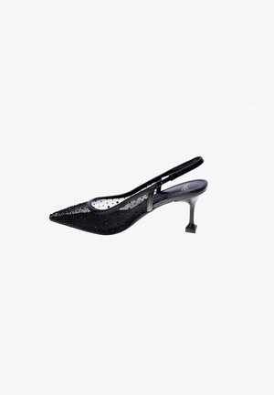 Scarpa nera a rete con tacco alto, punta appuntita e piccole perline decorative sulla tomaia.
