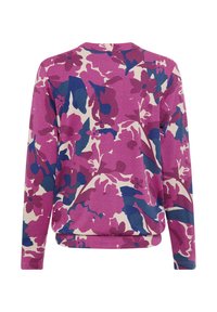 Maglione a maniche lunghe con scollatura rotonda, caratterizzato da un vivace motivo floreale nei toni del viola, rosa e blu su uno sfondo crema. Tessuto testurizzato.