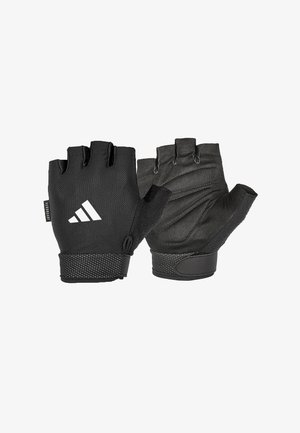 Guantes de entrenamiento negros con un tejido texturizado, diseño sin dedos, palmas reforzadas y un destacable logo blanco en la zona de la muñeca.