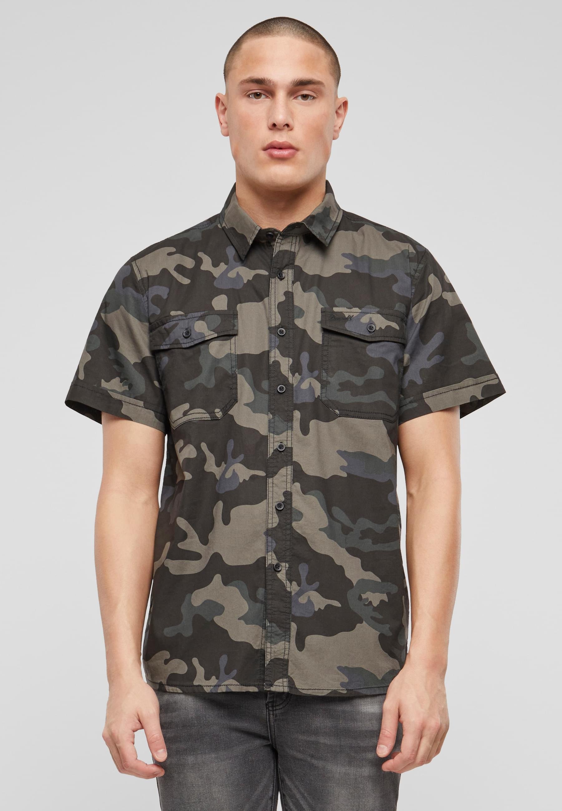Chemise Homme Militaire Brandit Slim Fit Dark Camouflage | 100% Coton, Manches Longues, Vintage