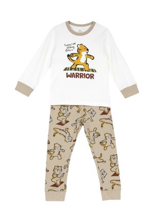 Kinder-Pyjama mit langen Ärmeln in Weiß und Beige mit Tigerillustrationen; das Oberteil zeigt einen Tiger und den Text „Heute fühle ich mich stark wie ein Krieger.“