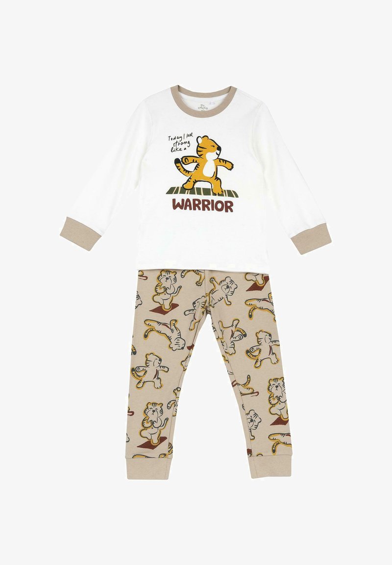 Pyjama enfant à manches longues blanc et beige avec illustrations de tigres ; le haut présente un tigre et le texte « Aujourd'hui je me sens fort comme un guerrier. »