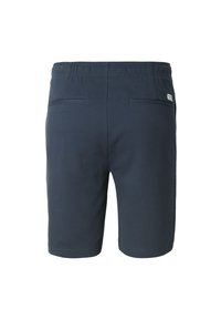 Shorts bleu marine avec une ceinture élastique. Ils disposent de deux poches arrière et d'un tissu lisse et texturé. Design décontracté, longueur au genou.