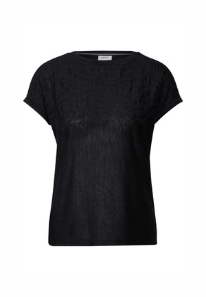 Schwarzes T-Shirt aus weichem Stoff, mit einem strukturierten Muster oben. Kurze Ärmel, lockere Passform und Rundhalsausschnitt.