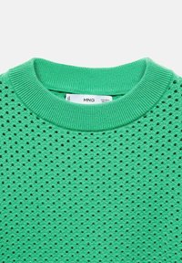 Groene gebreide trui met een textuur en een perforerend ontwerp, met een geribbelde ronde hals en label aan de binnenkant, gemaakt van zacht materiaal.