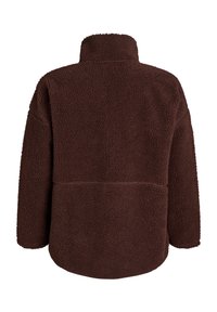 Brauner Fleece-Pullover mit hohem Kragen, überschnittenen Schultern und abgerundetem Saum. Verfügt über eine strukturierte Oberfläche und minimalistische Nähte.