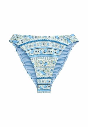 Blaue und weiße Bikinihose mit Blumen- und Paisleymustern sowie einem glatten, hellblauen Innenfutter.