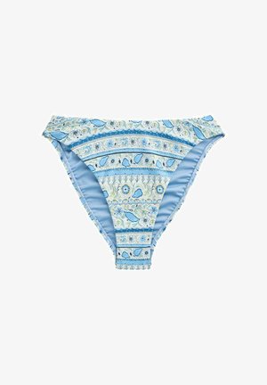 Blaue und weiße Bikinihose mit Blumen- und Paisleymustern sowie einem glatten, hellblauen Innenfutter.