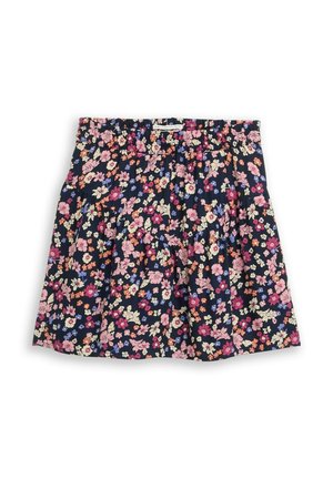 Granatowa spódnica z elastycznym pasem, ozdobiona drobnym, wielokolorowym wzorem kwiatowym w odcieniach różu, pomarańczu, fioletu i kremu.