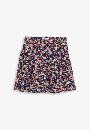 Marineblauwe rok met elastische tailleband, met een kleine bloemmotief in multicolor in tinten roze, oranje, paars en crème.