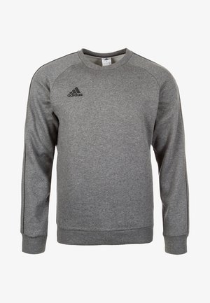 Grijze Adidas trui met lange mouwen, ronde hals en zwart Adidas-logo op de linkerborst, gemaakt van een zachte, textuurstof.