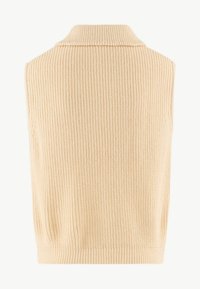Beige stickad ärmlös väst med ribbat mönster och vikbar krage, med enhetlig sömnad och en tight passform runt basen.