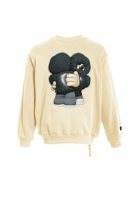 Sudadera color crema con mangas largas, que presenta un gran gráfico de dos figuras de dibujos animados abrazándose en la parte trasera. Textura suave, puños de canalé.