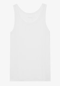 Débardeur blanc en coton, avec un col rond et des bretelles larges, à la texture lisse et sans motifs ni ornements.
